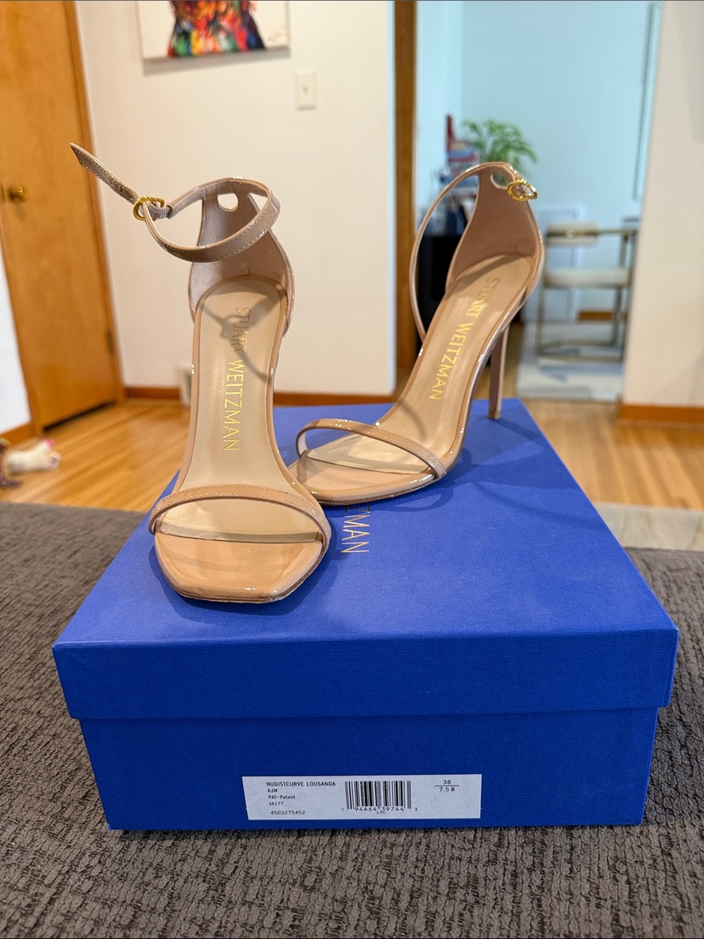 Stuart Weitzman Nude Patent Ankle-Strap Stiletto Sandals